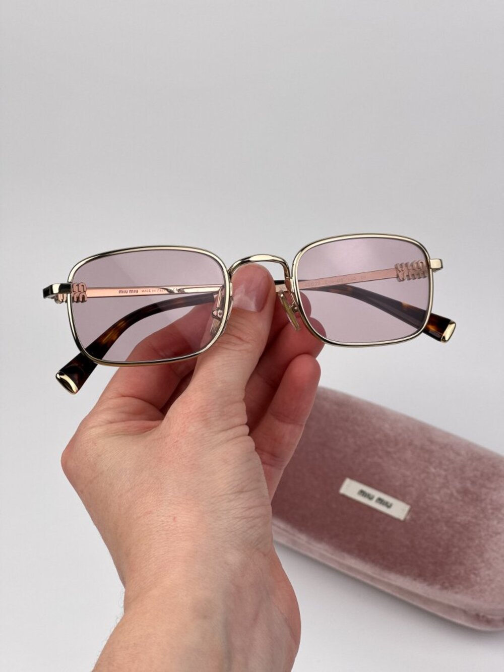 Miu Miu Women’s Sunglasses Pale Gold Pink Rectangle Frames MUA53S ZVN4I0 NEW